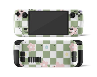 Danish Pastel Flower Green Steam Deck Skin, Checkered Pattern Soft Pastel Colorwave Steam Deck OLED Console Cover, Valve Steam Deck Vinyl 3M