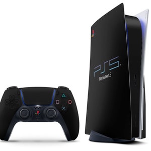 May include: A black PlayStation 5 console with a white trim and a black PlayStation 5 controller. The console has the PlayStation logo and the text "PlayStation 5" on the front.
