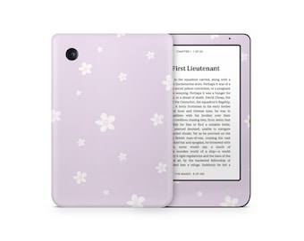 May include: A purple Kindle Paperwhite e-reader with a white floral pattern on the back. The screen displays the text "First Lieutenant" from a book titled "The Wager".