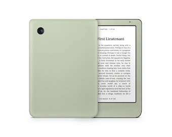 Könnte beinhalten: Ein E-Reader in Salbeigrün mit schwarzer Vorderseite und schwarzem Rand. Der Bildschirm zeigt den Text "First Lieutenant" und "Chapter 1 - 1 of 24".