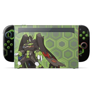 May include: A Nintendo Switch console with a custom design in green and black. The console's centre features a graphic of a creature with black, green, and red accents. The controllers are black with green and red buttons.