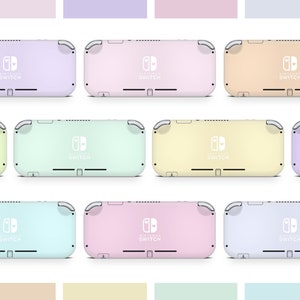 以下が含まれることがあります： 異なる9色のニンテンドースイッチライト。色はラベンダー、ライトブルー、イエロー、ライトグリーン、ピンク、そしてこれらの色のそれぞれの色合いの薄い色。ニンテンドースイッチライトのロゴは各コンソールに表示されています。