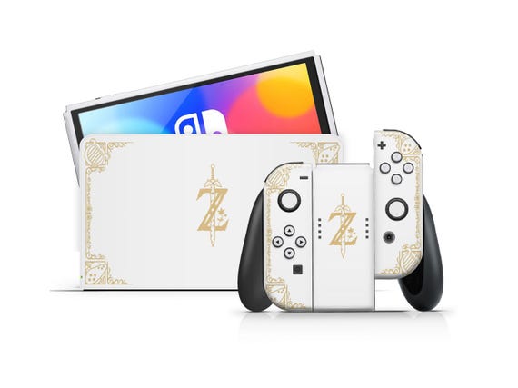 White Gold Zelda Nintendo Switch OLED Skin, Hyrule Warriors Switch 2 Console Joycons Vinyl Wrap, Classic Black Custom Switch 3M Vinyl Cover