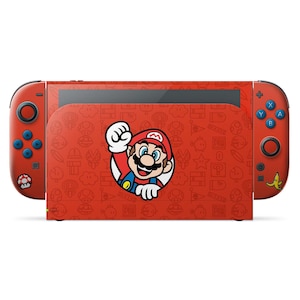 以下が含まれることがあります： 赤色のNintendo Switchコンソール、マリオをテーマにしたデザイン。コンソールは、マリオのキャラクターとアイコンが描かれた赤い背景が特徴です。Joy-Conコントローラーは赤色で、青色のボタンとマリオをテーマにしたグラフィックが施されています。画面にはマリオのグラフィックがあります。