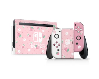 Sweet Pink Strawberry Daisy Nintendo Switch Skin, Kawaii Floral Switch 2 Skin OLED Console Joycons Vinyl Wrap, Color Blocking, 3M Cover