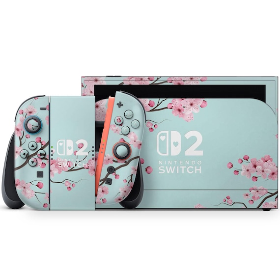 Teal Cherry Blossom Nintendo Switch 2 Skin, Cute Cherry Mint