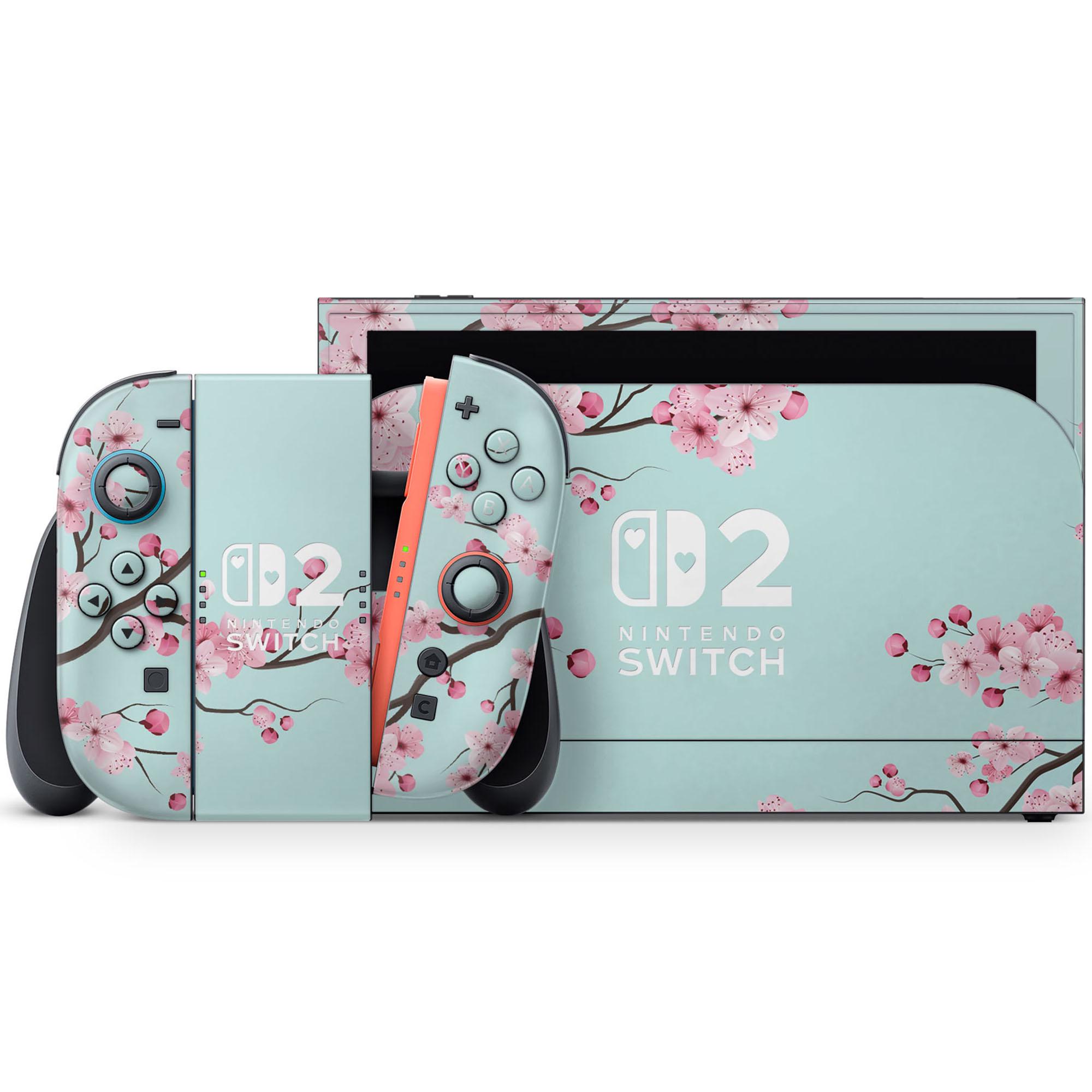 Teal Cherry Blossom Nintendo Switch 2 Skin, Cute Cherry Mint