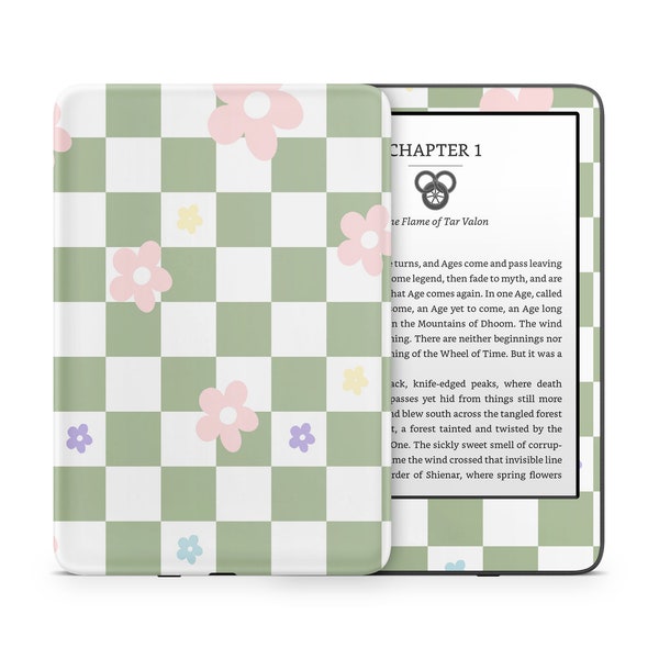 Deense pastel bloem groen Kindle Skin, geruit patroon zachte pastelkleuren, Amazon Kindle Paperwhite Oasis eBook sticker wrap eReader 3M vinyl
