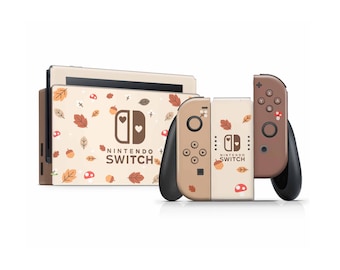 Cute Mushroom Leaves Blocking Nintendo Switch Skin, Beige Brown Fall Vibes Switch 2 Skin OLED Console Joycons Vinyl Wrap, 3M Vinyl Skin