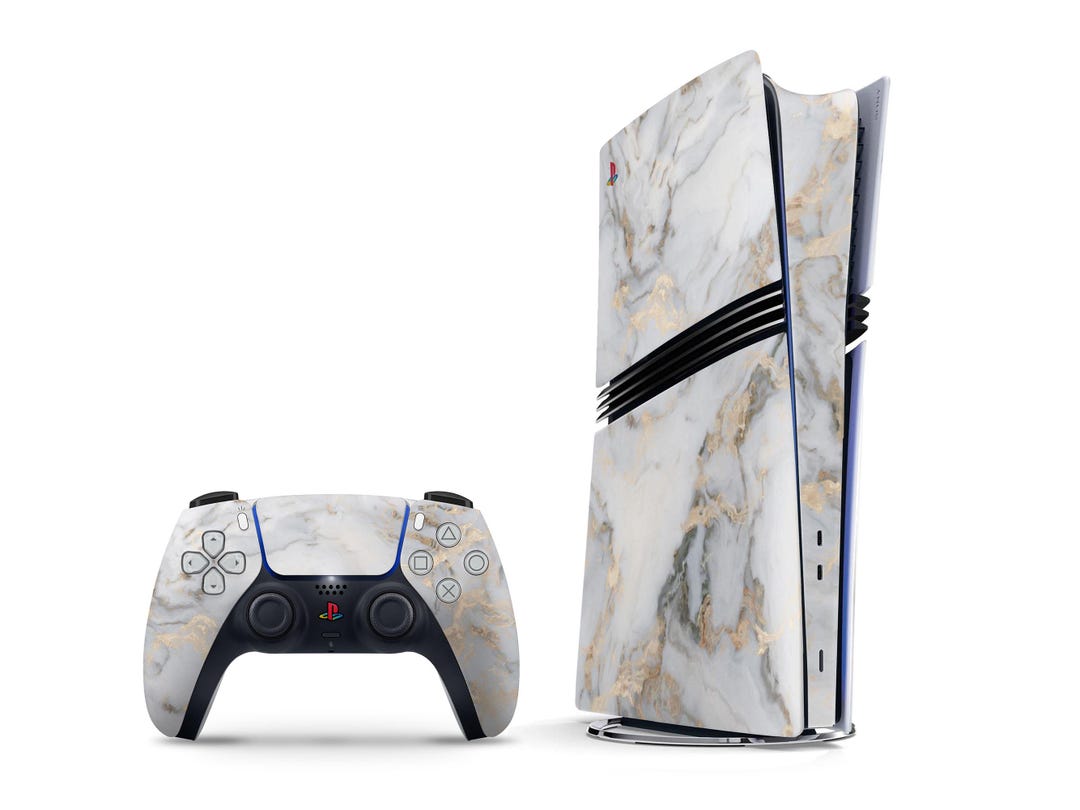 Ethereal White Gold Marble Playstation PS5 Pro Skin, Custom Marble Gold ...