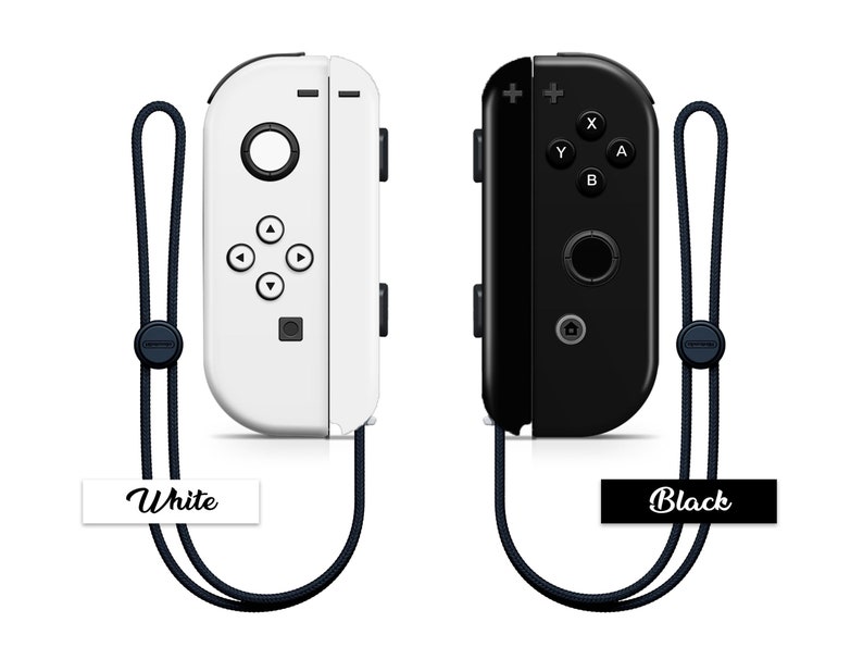 K&ouml;nnte beinhalten: Zwei Nintendo Switch Joy-Con-Controller, einer wei&szlig; und einer schwarz, mit befestigten Handgelenkschlaufen. Die Controller haben Tasten, einen Joystick und ein Steuerkreuz.