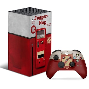 May include: An Xbox Series X console skin and matching controller featuring a red and white design inspired by the fictional drink "Juggernog" from the Call of Duty Zombies game mode. The controller has a weathered look.