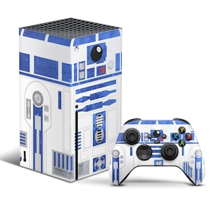 May include: A white and blue Xbox Series X console and controller with a Star Wars R2-D2 design.