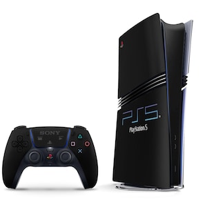 May include: A black PlayStation 5 console with a blue and purple logo and the text "PlayStation 5" on the front. A black PlayStation 5 controller is in the foreground.