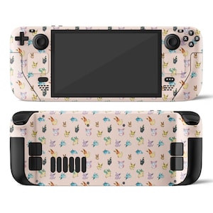 May include: A pink and white gaming console skin with a repeating pattern of small, colorful cartoon characters. The skin is designed to fit a handheld gaming device.