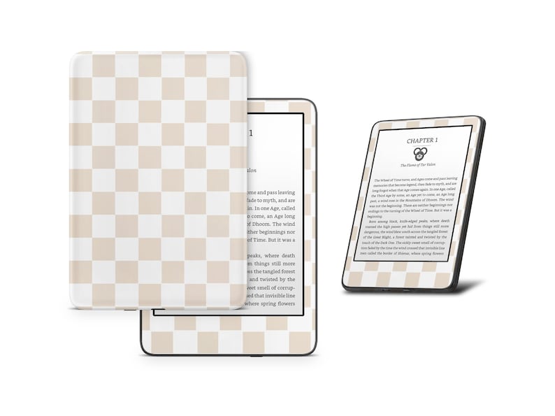 May include: A white and beige checkered Kindle e-reader case with a black Kindle e-reader displaying the text "Chapter 1 The Wheel of Time" on the screen.