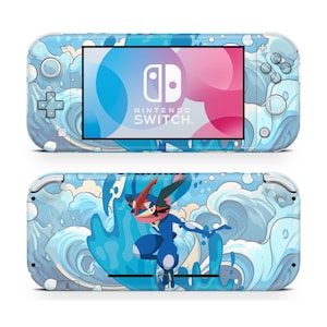 May include: A Nintendo Switch Lite console with a custom skin featuring a blue and white wave pattern and a blue and red character. The screen displays the Nintendo Switch logo.