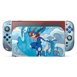 May include: A Nintendo Switch console with a custom skin featuring a blue and red character design. The Joy-Con controllers have a blue and white wave pattern. The screen has a red frame.