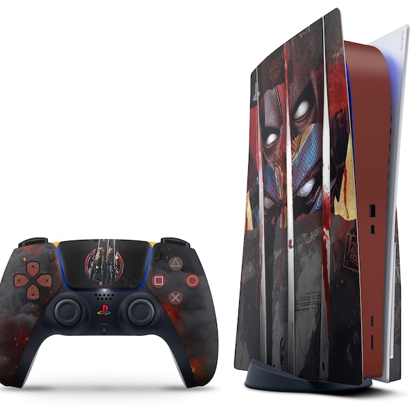 Deadpool & Wolverine PS5-skin, rött blodstänk PS5 slim-skin, minimalistiskt superhjälte-skin för PS5 Pro-ansikte PS5-kontrollomslag