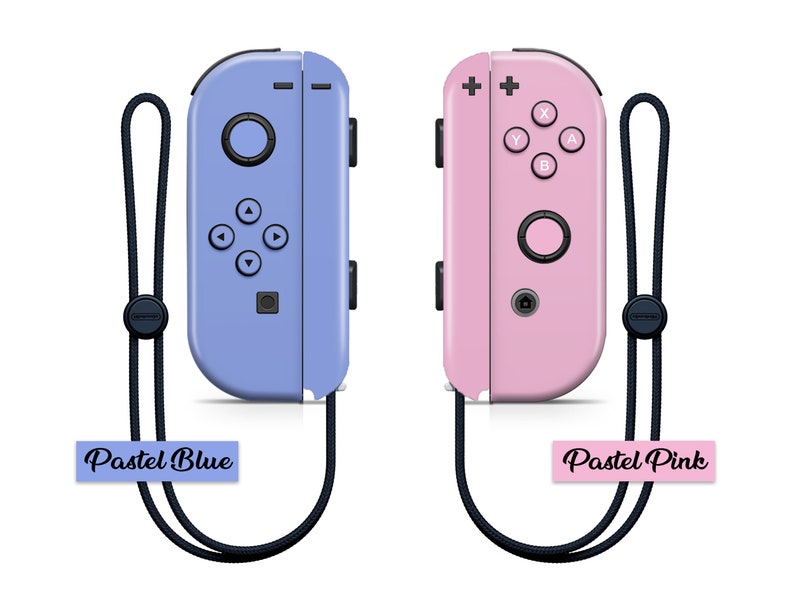 K&ouml;nnte beinhalten: Zwei Nintendo Switch Joy-Con-Controller, einer in Pastellblau und einer in Pastellrosa, mit schwarzen Handgelenksb&auml;ndern. Die Controller haben die Standardtasten und Joysticks.