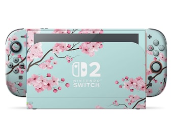 Skin para Nintendo Switch 2 en color verde azulado con flor de cerezo, funda de vinilo para consola OLED con diseño de cereza y menta para Joy-Con, calcomanía floral para Nintendo 3 M