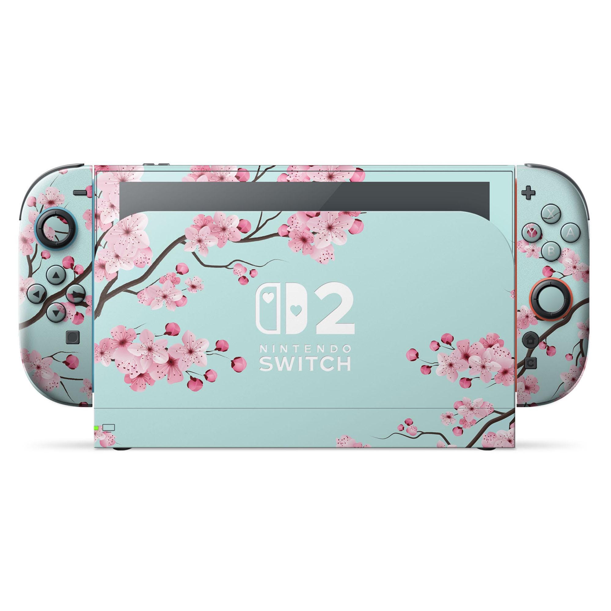 Teal Cherry Blossom Nintendo Switch 2 Skin, Cute Cherry Mint