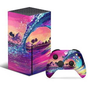 Puede incluir: Una consola Xbox Series X y un mando de color rosa, azul y morado con un diseño de puesta de sol tropical y ola.