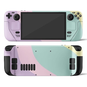 Könnte beinhalten: Eine tragbare Spielekonsole in Pastellfarben. Die Vorderseite hat einen schwarzen Bildschirm, Tasten und Steuerknüppel. Die Rückseite hat ein passendes Design mit Lüftungsschlitzen und zusätzlichen Bedienelementen. Die Farbpalette umfasst Lavendel, Mintgrün und Gelb.