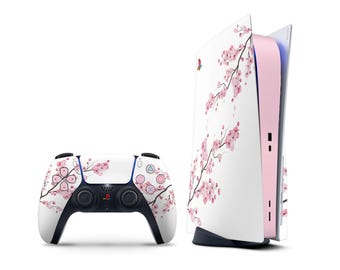 Skin de flor de cerezo rosa y blanca para PS5, skin de flores rosas y pastel para PS5 Slim, skin de placa frontal de flores bonitas para PS5 Pro, funda para mando de PS5 3 M