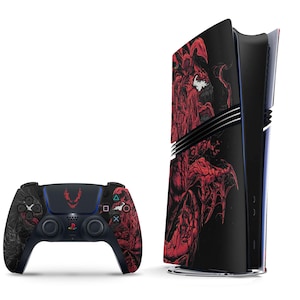 May include: A black and red PlayStation 5 console with a custom skin featuring a red and black graphic design. The console is next to a matching black and red PlayStation 5 controller.