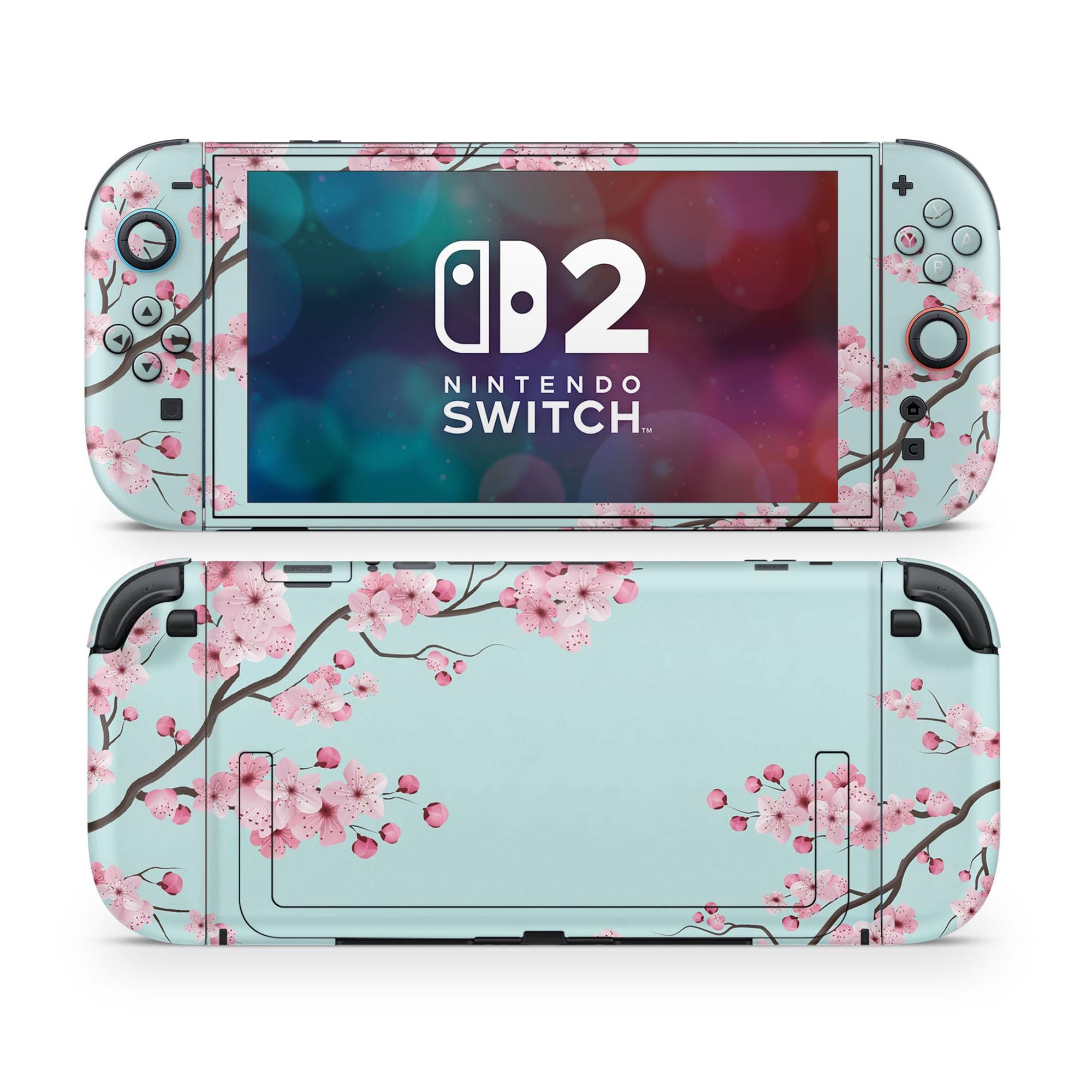 Teal Cherry Blossom Nintendo Switch 2 Skin, Cute Cherry Mint