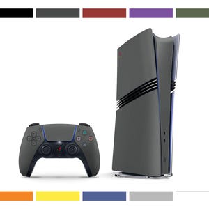 May include: A black PlayStation 5 console with a matching black controller. The console has a sleek, modern design with a vertical orientation. The controller has a standard layout with buttons and joysticks.