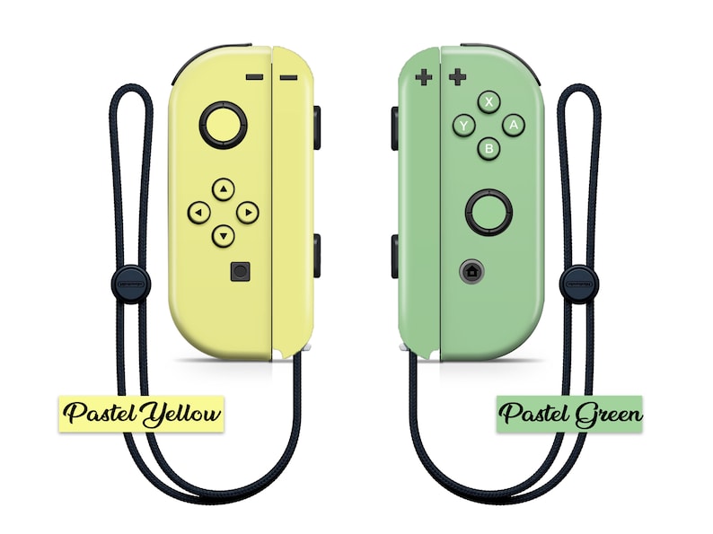 K&ouml;nnte beinhalten: Zwei Nintendo Switch Joy-Con-Controller, einer in Pastellgelb und einer in Pastellgr&uuml;n, mit schwarzen B&auml;ndern befestigt.