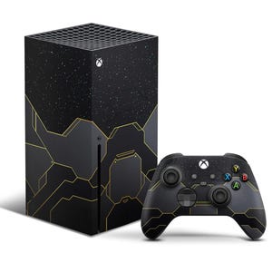 May include: Black Xbox Series X console and controller. The console features a geometric design with gold detailing and a starry pattern. The controller mirrors the console's design.