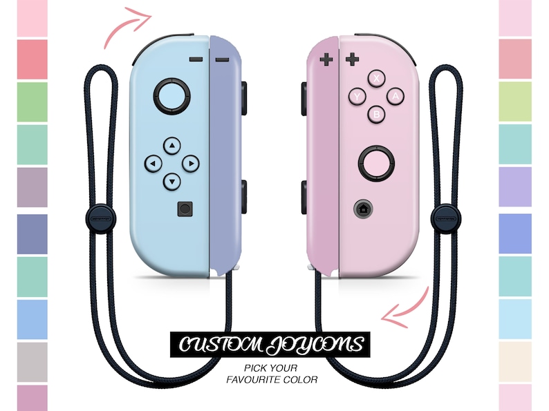 K&ouml;nnte beinhalten: Zwei benutzerdefinierte Nintendo Switch Joy-Con-Controller, einer hellblau und einer rosa, mit schwarzen Handgelenksb&auml;ndern. Der Text "CUSTOM JOYCONS" und "PICK YOUR FAVORITE COLOR" wird unter den Controllern angezeigt.