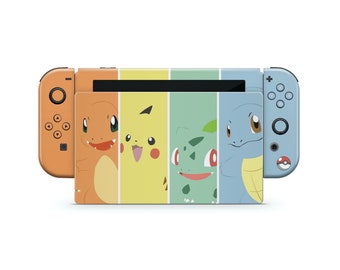 Vinilo adhesivo para Nintendo Switch con diseños de Pokémon iniciales, Pikachu, Charmander, Bulbasaur y Squirtle, compatible con consolas OLED y Joy-Cons de Switch 2.