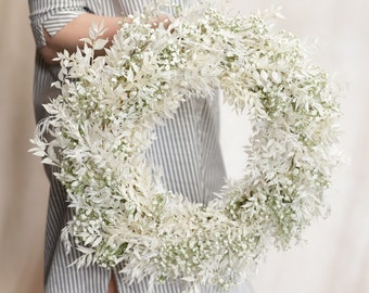 Door wreath / table wreath made of gypsophila and ruscus / dried flower wreath / simple / gift idea / white