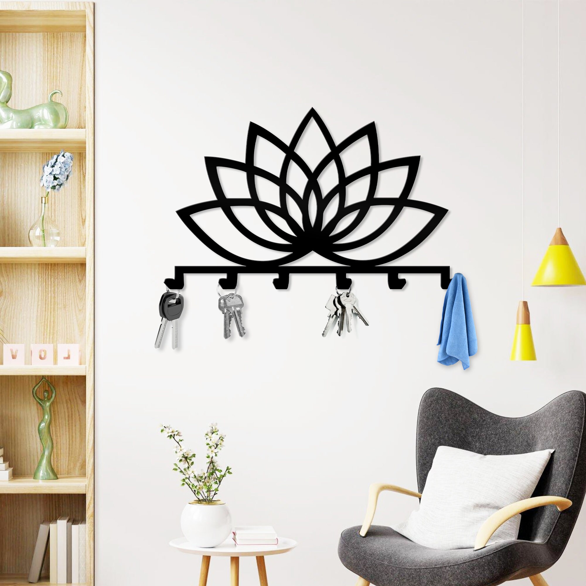 Lotus Schlüsselhalter Für Die Wand – Dekorativer Organizer Mit 3 Haken Für Flur, Küche & Büro