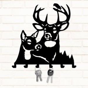 Llavero de metal con forma de ciervo familiar. Percha de metal inspirada en animales. Decoración del hogar con temática de bosque. Regalo para amantes de la vida silvestre. Regalo de arte de pared para amantes de los animales.