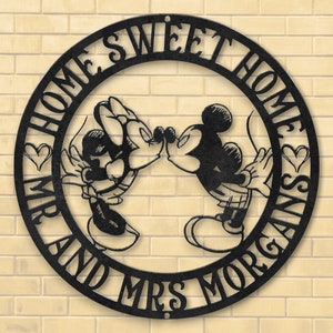 Letrero metálico personalizado de Sr. y Sra., letrero de Disney Mickey y Minnie Home, regalo familiar "Hogar, dulce hogar", regalos de San Valentín, letrero con apellido familiar