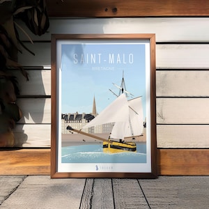 Affiche Saint-Malo Bretagne – Voilier Le Renard, Illustration Marine, Remparts, Art Nautique – Cadeau chauvin idéal