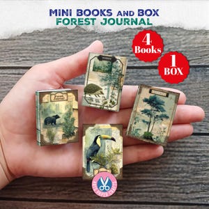 May include: Miniature forest-themed books and box set. The set includes four small books and one box. Each book features a different forest animal or scene, such as a bear, hedgehog, or toucan. The text "MINI BOOKS AND BOX FOREST JOURNAL" is at the top.