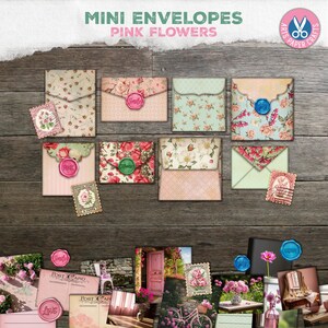 Puede incluir: Mini sobres con diseños de flores rosas, dispuestos sobre una superficie de madera. Los sobres presentan patrones florales, sellos de cera y sellos decorativos. El texto "Mini Envelopes Pink Flowers" es visible en la parte superior.