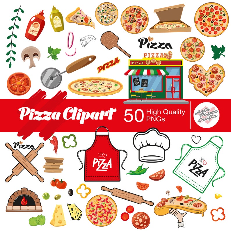 May include: A set of 50 high-quality pizza clipart images in PNG format. The clipart includes various pizza toppings, ingredients, and pizza-related objects, such as a pizza oven, a pizza cutter, a chef's hat, and a pizza apron. The clipart is perfect for creating digital or printed projects related to pizza.