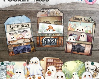 Ghost Card Pockets, Loaded Tags, Halloween Junk Journal Kit, Ideas, Gift, Printable, Digital Download, Pocket Tags, Spooky, Witches, Ghosts