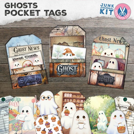 Ghost Card Pockets, Loaded Tags, Halloween Junk Journal Kit, Ideas, Gift, Printable, Digital Download, Pocket Tags, Spooky, Witches, Ghosts