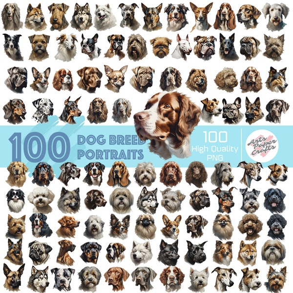 100 Dog Breeds Clipart Bundle - 100 Types Of Breeds, Watercolor Dogs, 100 Dog Portrait, 100 Transparent PNG For Commercial Use POD & DIY