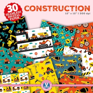 Papier numérique sans couture de construction - fond de véhicules de construction - scrapbooking de construction - fête de la construction - téléchargement immédiat
