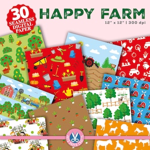 Happy Farm Seamless Pattern - Sfondo fattoria - Carte digitali fattoria - Festa a tema fattoria - Contadino - Uso commerciale - Album di ritagli - Pois