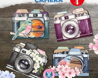 Tasche per carte, Cartella con linguetta, Shabby, Tasca per fotocamera, Kit per diario spazzatura, Vintage, Regalo, Tagli elaborati per uccelli, Foto, Download digitale, Viaggi, Fiori